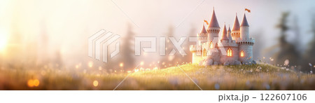 fantasy castle surrounded by magical landscape at sunset 122607106
