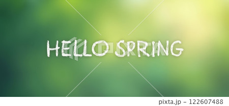 Hello Spring text written in white chalk-style letters on soft blurred green background. Seasonal banner design with copy space Hello Spring text written in white chalk-style letters on soft blurred green background. Seasonal banner design with copy space 122607488