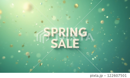 Spring Sale text in 3D style on green background with golden confetti. Festive seasonal banner for advertising and promotions 122607501