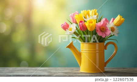Colorful tulips and daisies in a yellow watering can on a rustic wooden table with blurred green and turquoise background copy space 122607536