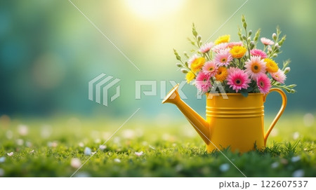 Yellow watering can with colorful flowers on a grassy field under soft sunlight. Spring gardening and floral decoration concept with copy space 122607537