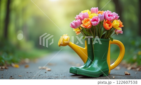 Green rubber boots and yellow watering can filled with colorful tulips on a garden path. Spring gardening and floral decoration concept 122607538