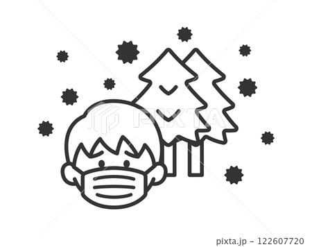 花粉症がひどい、マスクをした男性のアイコン（線画）のイラスト 122607720