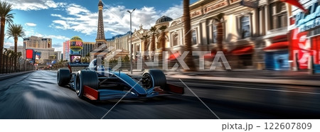 Formula One race car in blue and red speeds past iconic streets under vibrant sky. Glamour and competition of motorsport. Formula One race car in blue and red speeds past iconic streets under vibrant sky. Glamour and competition of motorsport. 122607809