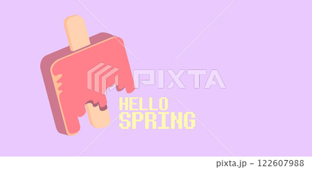 vector hello spring horizontal banner with flat melt ice cream isolated on violet sky background. Hello March Springtime background, poster, flyer and banner vector hello spring horizontal banner with flat melt ice cream isolated on violet sky background. Hello March Springtime background, poster, flyer and banner 122607988