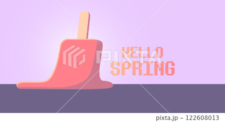vector hello spring horizontal banner with flat melt ice cream isolated on violet sky background. Hello March Springtime background, poster, flyer and banner vector hello spring horizontal banner with flat melt ice cream isolated on violet sky background. Hello March Springtime background, poster, flyer and banner 122608013