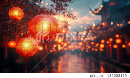 Close-up of a beautiful red Chinese lantern hanging among cherry blossoms, illuminating the street at sunset 122608159