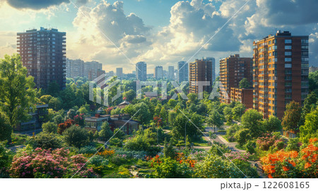 A modern residential area with apartment buildings harmoniously blending with lush greenery under a picturesque sky, emphasizing eco-conscious urban living A modern residential area with apartment buildings harmoniously blending with lush greenery under a picturesque sky, emphasizing eco-conscious urban living 122608165