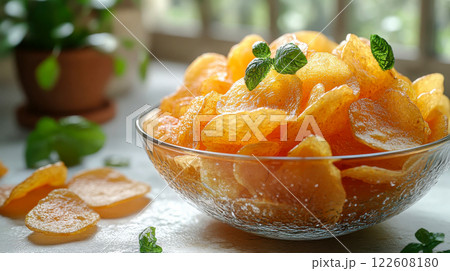 Golden crispy potato chips served in a transparent glass bowl with mint leaves garnish. Sunlit kitchen background adds a fresh, appetizing feel 122608180