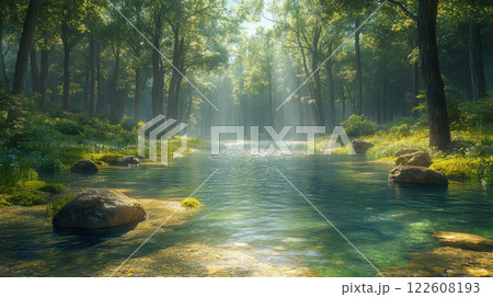 A peaceful river flowing through lush greenery and wildflowers under a bright sky, creating a tranquil nature scene 122608193