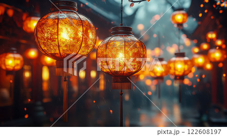 Traditional Chinese lanterns glow warmly against a festive night backdrop with cherry blossoms 122608197