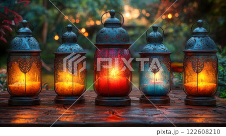 A collection of intricate Arabic lanterns glowing warmly at dusk, creating a mystical and cultural ambiance 122608210