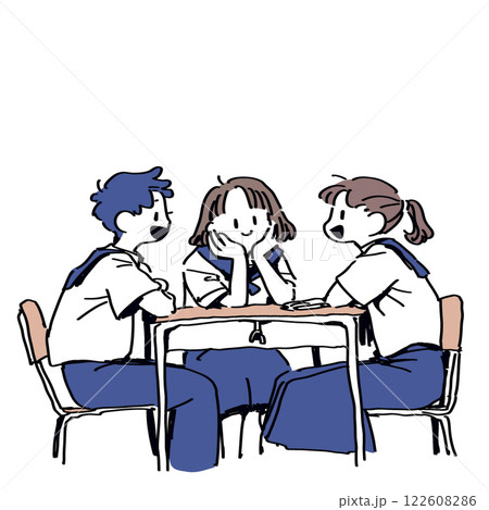 休憩時間に雑談している3人 122608286