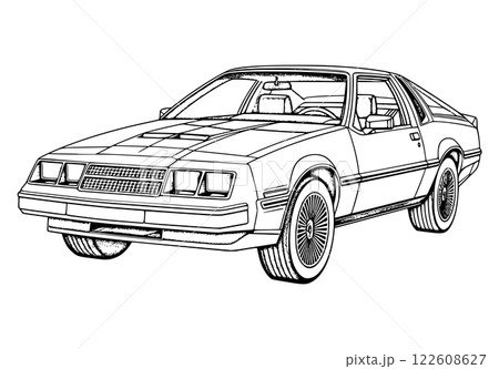 Abstract retro sports car in black and white ink drawing style, adult coloring book 122608627