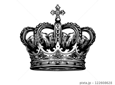 Vintage crown of a king or queen, ink drawing. Kingdom crown, in engraving style 122608628
