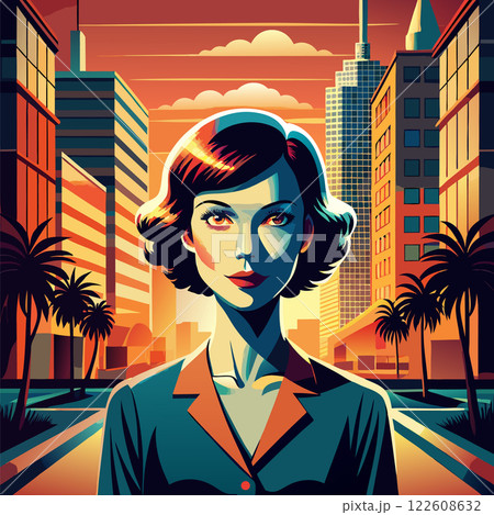 Confident woman avatar with retro hairstyle in vibrant cityscape at sunset 122608632