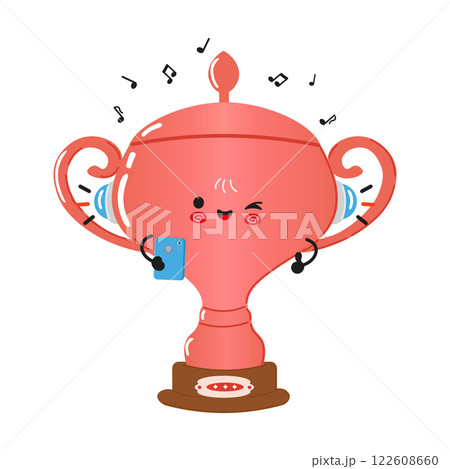 Bronze Trophy Cup Character Enjoying Music. Cute Bronze Trophy Cup with Headphones and Smartphone Bronze Trophy Cup Character Enjoying Music. Cute Bronze Trophy Cup with Headphones and Smartphone 122608660