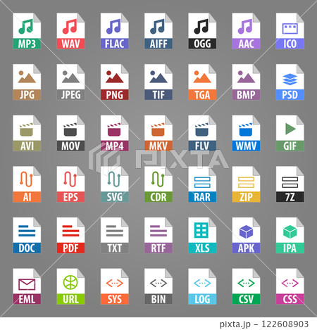 Set of vector icons audio video vector programming photo text file types 122608903