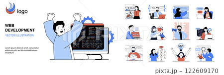 Web development concept with character situations mega set in flat design. Bundle of scenes people creating websites and homepages, programming projects and working with code. Vector illustrations. 122609170