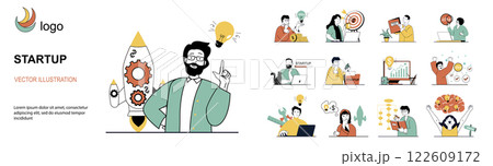 Startup concept with character situations mega set in flat web design. Bundle of scenes people generating ideas, developing new company with investments, achieving company goals. Vector illustrations. Startup concept with character situations mega set in flat web design. Bundle of scenes people generating ideas, developing new company with investments, achieving company goals. Vector illustrations. 122609172