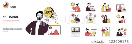 NFT token concept with character situations mega set in flat web design. Bundle of scenes people creating digital arts for sell at online auctions and buy for cryptocurrency. Vector illustrations. NFT token concept with character situations mega set in flat web design. Bundle of scenes people creating digital arts for sell at online auctions and buy for cryptocurrency. Vector illustrations. 122609178