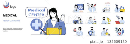 Medical concept with character situations mega set in flat web design. Bundle of scenes people visiting doctor for diagnostics, making x-ray and health checkup tests in clinic. Vector illustrations. 122609180