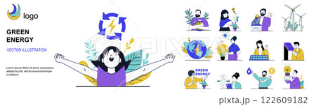 Green energy concept with character situations mega set in flat web design. Bundle of scenes people using alternative energy sources and smart eco technology, saving nature. Vector illustrations. 122609182