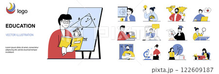 Education concept with character situations mega set in flat web design. Bundle of scenes people learning at online course, training at seminars, listening lessons with sciences. Vector illustrations. Education concept with character situations mega set in flat web design. Bundle of scenes people learning at online course, training at seminars, listening lessons with sciences. Vector illustrations. 122609187