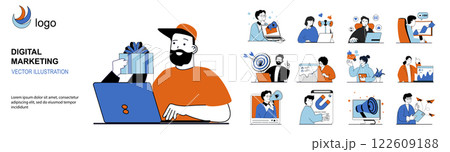 Digital marketing concept with character situations mega set in flat web design. Bundle of scenes people creating promote strategy, making online advertising with customer gifts. Vector illustrations. Digital marketing concept with character situations mega set in flat web design. Bundle of scenes people creating promote strategy, making online advertising with customer gifts. Vector illustrations. 122609188