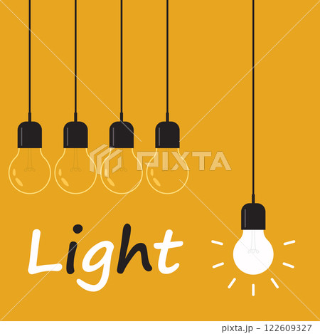 Hanging light bulbs with glowing one on a yellow background 122609327