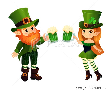 Vector illustration of a cheerful leprechaun couple celebrating St. Patrick's Day with mugs of green beer. The male and female leprechauns wear traditional Irish outfits, including green hats with 122609357