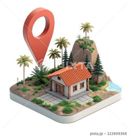 Real estate location, house with a map pin on a floating plot of land no background in PNG format. 122609368