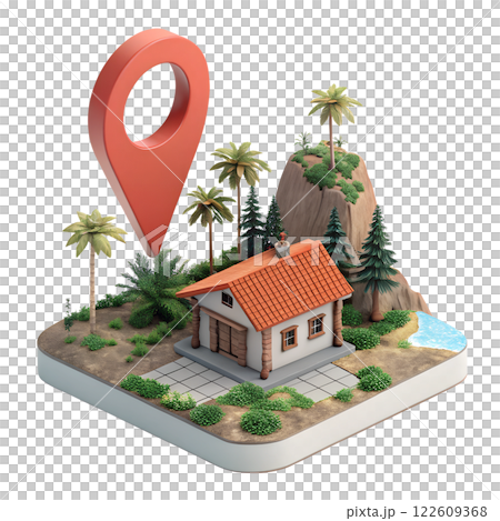 Real estate location, house with a map pin on a floating plot of land no background in PNG format. 122609368