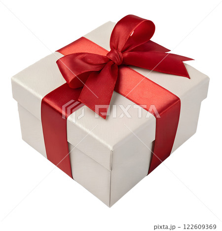 Gift box with red ribbon no background in PNG format. 122609369