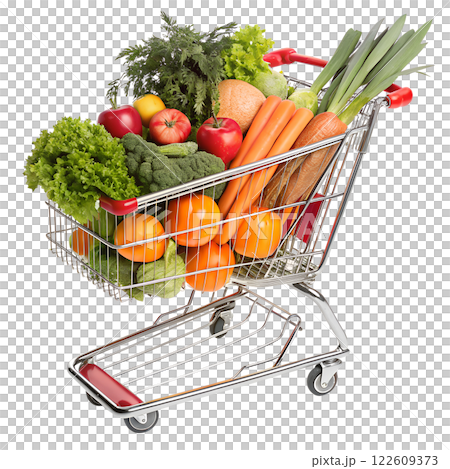 shopping cart with vegetables and fruit no background in PNG format. 122609373