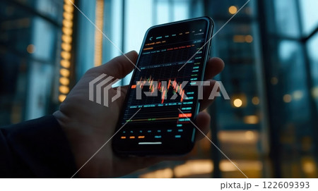 Smartphone screen displays real-time stock market charts against cityscape, mobile trading, financial technology, and accessibility of investments 122609393