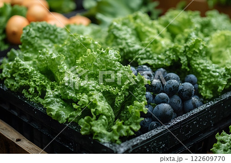 Fresh Greens and Grapes at Farmer's Market - Vibrant Produce for Healthy Living Generative AI 122609770