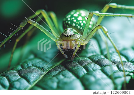 Vibrant Green Spider on Leaf - Nature Macro Photography for Educational and Decorative Use Generative AI 122609802