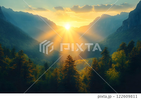 Sunset Over Mountain Valley with Sun Rays and Lush Forest Scenery Generative AI Sunset Over Mountain Valley with Sun Rays and Lush Forest Scenery Generative AI 122609811