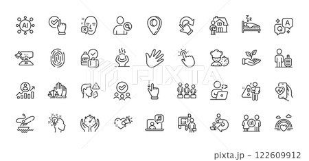 Difficult stress, Timer and Sleep line icons pack. AI, Question and Answer, Map pin icons. Love message, Video conference, Hand web icon. Touchpoint, Helping hand, Face declined pictogram. Vector 122609912