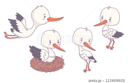 Cute white stork collection. Isolated funny cartoon kawaii bird character in nest, flying and standing. Vector illustration . 122609920