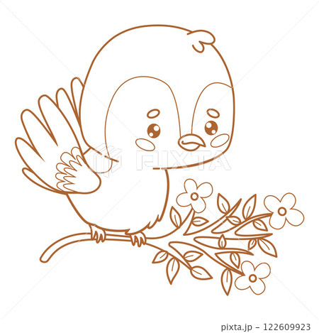 Outline cartoon sparrow on blooming branch. Funny kawaii character little bird. Line drawing, coloring book. Vector illustration Outline cartoon sparrow on blooming branch. Funny kawaii character little bird. Line drawing, coloring book. Vector illustration 122609923