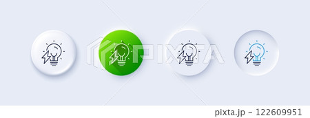 Electricity bulb line icon. Neumorphic, Green gradient, 3d pin buttons. Energy type for lamp sign. Lightning bolt symbol. Line icons. Neumorphic buttons with outline signs. Vector Electricity bulb line icon. Neumorphic, Green gradient, 3d pin buttons. Energy type for lamp sign. Lightning bolt symbol. Line icons. Neumorphic buttons with outline signs. Vector 122609951