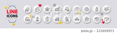 Parking, Delivery insurance and Home charging line icons. White buttons 3d icons. Pack of Gas cylinder, Lighthouse, Parcel shipping icon. Car review, Package box, Moving service pictogram. Vector 122609953