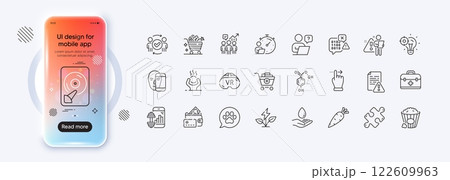 Hdd, Search employee and Carrot line icons for web app. Phone mockup gradient screen. Pack of Online question, Fitness app, Approved teamwork pictogram icons. Vector 122609963