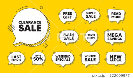 Offer speech bubble icons. Clearance sale tag. Special offer price sign. Advertising discounts symbol. Clearance sale chat offer. Speech bubble discount banner. Text box balloon. Vector 122609977