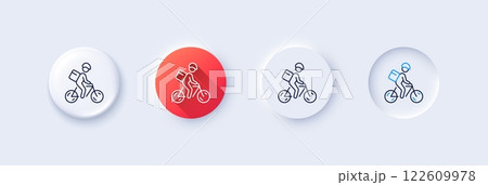 Delivery bike line icon. Neumorphic, Red gradient, 3d pin buttons. Bicycle courier sign. City transport symbol. Line icons. Neumorphic buttons with outline signs. Vector 122609978