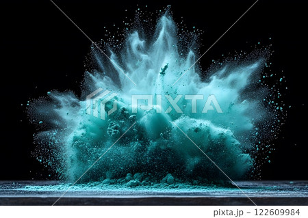Dynamic Explosion of Vibrant Turquoise Powder against Black Background Generative AI 122609984