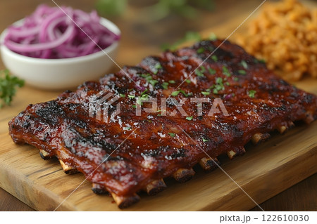 Barbecue Spare Ribs with Onion Garnish and Rice - Perfect for Summer Cookouts Generative AI 122610030