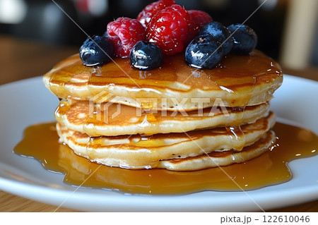 Delicious Stack of Pancakes with Fresh Berries and Maple Syrup for Breakfast Inspiration Generative AI 122610046